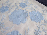 Blue And White Floral Applique Handkerchief Hand Embroidered 1950s Original Sticker Hanky
