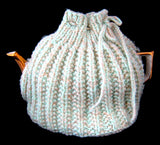 Heathered Green English Tea Cozy 1950s Retro Cream Green Tan Cosy Large Shaker Knit