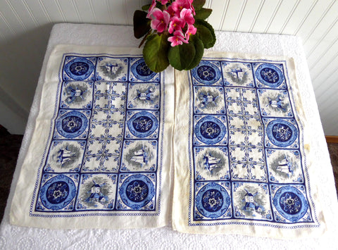 Pair Of Linen Placemats Delft Tile Pattern 1950s Table Mats Delft Blue White Table Linens