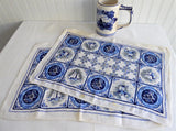 Pair Of Linen Placemats Delft Tile Pattern 1950s Table Mats Delft Blue White Table Linens