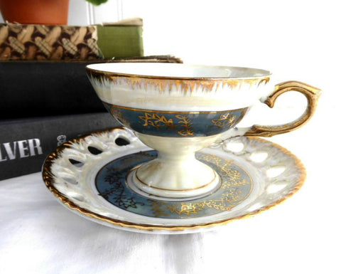 Luster Cup And Saucer Norcrest 1950s Heart Cutouts Gold Overlay Brush Gold