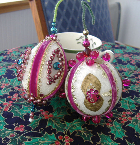 Pair Beaded Christmas Tree Ornaments Magenta Handmade 1950s German Mercury Glass Dresden