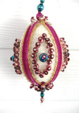 Pair Beaded Christmas Tree Ornaments Magenta Handmade 1950s German Mercury Glass Dresden
