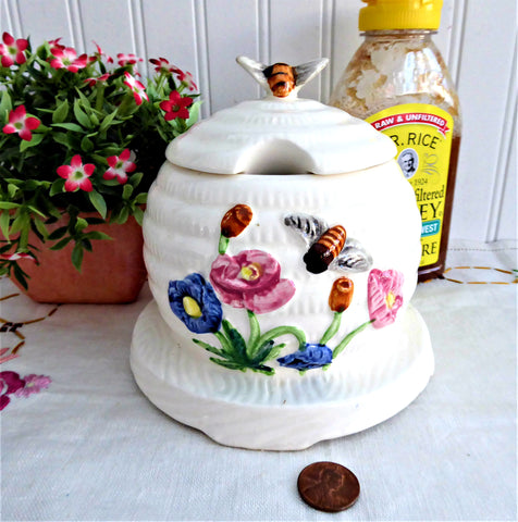 Vintage Honey Jar 1950s Molded Ceramic Bee Skep Japan Bee Finial Flowers