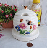 Vintage Honey Jar 1950s Molded Ceramic Bee Skep Japan Bee Finial Flowers