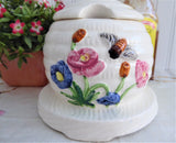 Vintage Honey Jar 1950s Molded Ceramic Bee Skep Japan Bee Finial Flowers