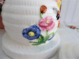Vintage Honey Jar 1950s Molded Ceramic Bee Skep Japan Bee Finial Flowers