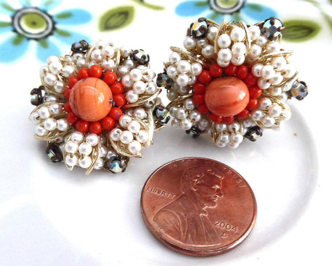Orange Bead Earrings 1960s Cluster Clips Pearl Rhinestones Gold Filigree