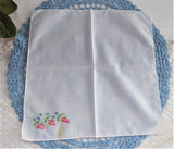 Pair Vintage Handkerchief Hand Embroidered Forget Me Nots Daisies Rolled Hems Hanky
