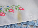 Pair Vintage Handkerchief Hand Embroidered Forget Me Nots Daisies Rolled Hems Hanky
