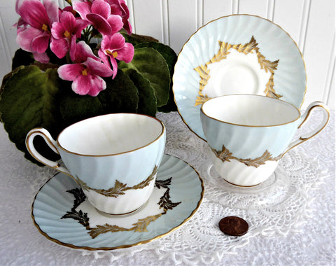 Aqua Gold Pair 1950s Cups And Saucers Demitasse Foley Brain Bone China