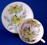 Windsor Lilies Cup And Saucer Pink Gold Orange Enamel Accents 1950s Bone China
