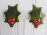 Vintage Porcelain Holly Earrings 1950s Red Berries Christmas Holiday Red Green