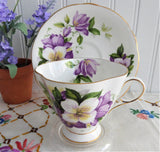 Purple Clematis Blooms Cup And Saucer English Bone China 1950s Windsor