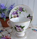 Purple Clematis Blooms Cup And Saucer English Bone China 1950s Windsor