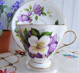 Purple Clematis Blooms Cup And Saucer English Bone China 1950s Windsor