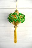 Beaded Christmas Ornament Retro Handmade Green Gold Dangling Tassel 1950-1960s