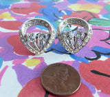 Rhinestone Semi Heart Shape Retro Earrings Clip Mid Century 1950s Vintage