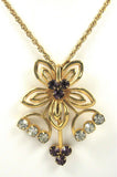 Rhinestone Necklace Purple Flower Rhinestones Gold Flower Form With Chain 1950s