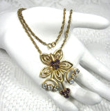 Rhinestone Necklace Purple Flower Rhinestones Gold Flower Form With Chain 1950s