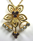 Rhinestone Necklace Purple Flower Rhinestones Gold Flower Form With Chain 1950s