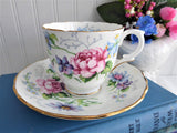 Signed Floral Cup and Saucer Crown Staffordshire England Flower Medley 1950s