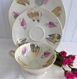 Bavarian Teacup Trio Gold Pink Heart Stylized Leaves Martini Shape Cup 1950s