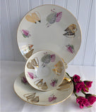 Bavarian Teacup Trio Gold Pink Heart Stylized Leaves Martini Shape Cup 1950s