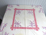Tablecloth Vintage Linen 45 Inches Square Retro Palms Purple Red 1950s Shabby