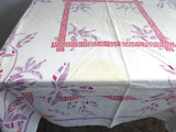 Tablecloth Vintage Linen 45 Inches Square Retro Palms Purple Red 1950s Shabby