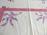 Tablecloth Vintage Linen 45 Inches Square Retro Palms Purple Red 1950s Shabby