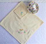 Embroidered Tea Cloth Tablecloth Pale Yellow England 30 Inch 1 Napkin Tea Party 1950s