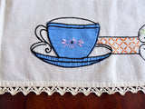 Teacup Appliqued Embroidered Tablecloth Pockets 4 Napkins 1950s Card Table 26X28
