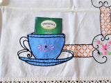Teacup Appliqued Embroidered Tablecloth Pockets 4 Napkins 1950s Card Table 26X28