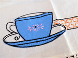 Teacup Appliqued Embroidered Tablecloth Pockets 4 Napkins 1950s Card Table 26X28