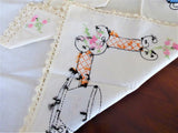 Teacup Appliqued Embroidered Tablecloth Pockets 4 Napkins 1950s Card Table 26X28