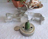 Tin Cookie Cutters Biscuit Nickel Vintage Set Of 4 Butterfly Cow Heart Strap Biscuit Green Handle