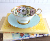 Beautiful Paragon Cup And Saucer Luxe Gold Aqua Poppies Queen Elizabeth Warrant 1950s