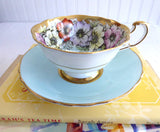 Beautiful Paragon Cup And Saucer Luxe Gold Aqua Poppies Queen Elizabeth Warrant 1950s