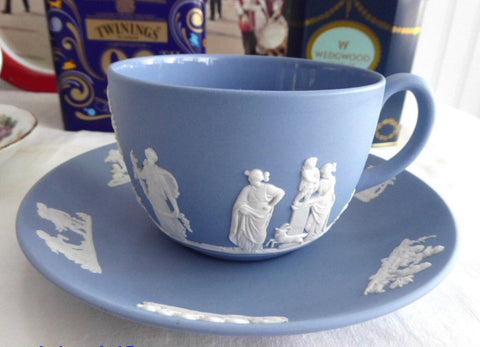 Cup and Saucer Wedgwood Blue Jasperware Sacrifice With Lamb England 1959