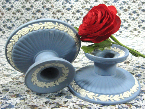 Pair of Candle Holders Wedgwood Blue Jasperware 1959 Dining Tea Party