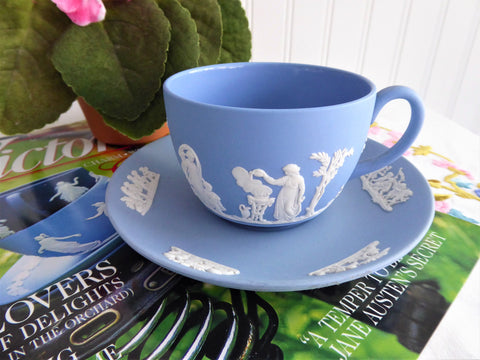 Wedgwood Blue Jasperware Cup And Saucer Sacrifice Cherubs Putti 1959