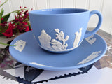 Cup and Saucer Wedgwood Blue Jasperware Sacrifice Figures Cherubs 1960 England