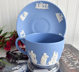 Cup and Saucer Wedgwood Blue Jasperware Sacrifice Figures Cherubs 1960 England