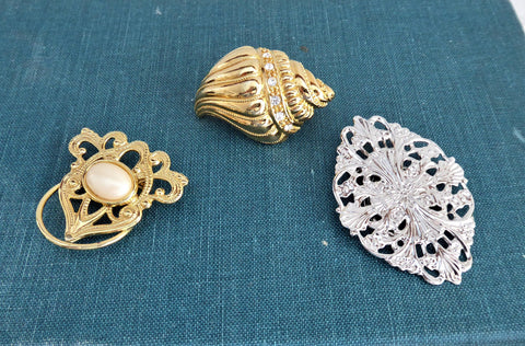 Set Of 3 1960s Scarf Clips Gold Silver Faux Pearl Filigree Shawl
