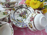 Set Of 4 Floral Transferware Cups And Saucers Medway Meakin 1960s Hand Colored Floral
