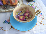 Signed Turquoise Cup And Saucer Aynsley Fruit Center 1960s Burnished Gold