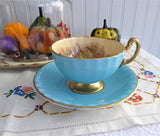 Signed Turquoise Cup And Saucer Aynsley Fruit Center 1960s Burnished Gold