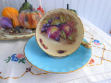 Signed Turquoise Cup And Saucer Aynsley Fruit Center 1960s Burnished Gold