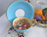 Signed Turquoise Cup And Saucer Aynsley Fruit Center 1960s Burnished Gold